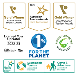 Accreditations logos for VTIC gold awards 2021 and 2022, Parks Victoria licensed tour operator, one percent for the planet, green fleet supporter and quality tourism accreditation