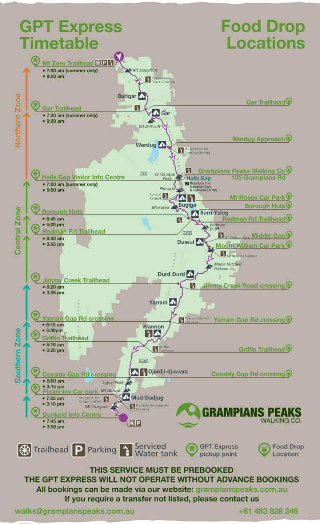 Map of Grampians Peaks Trail with shuttle stops and times and food drop locations